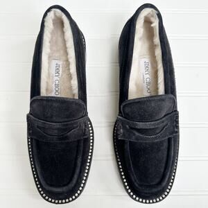 Jimmy Choo Deanna Shearling Lined Black Suede Crystal Loafers Slip On 37